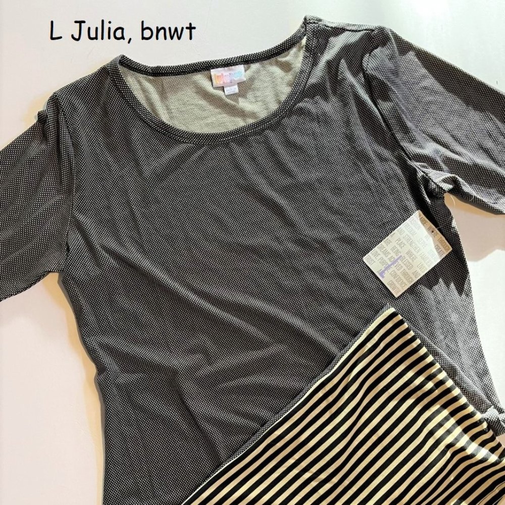 Large Lularoe Julia dress, dots and stripes